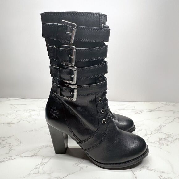 Harley Davidson Ladies Black Leather Boots Size 6 Mid Calf Buckles Zip Lace Up - Picture 1 of 16